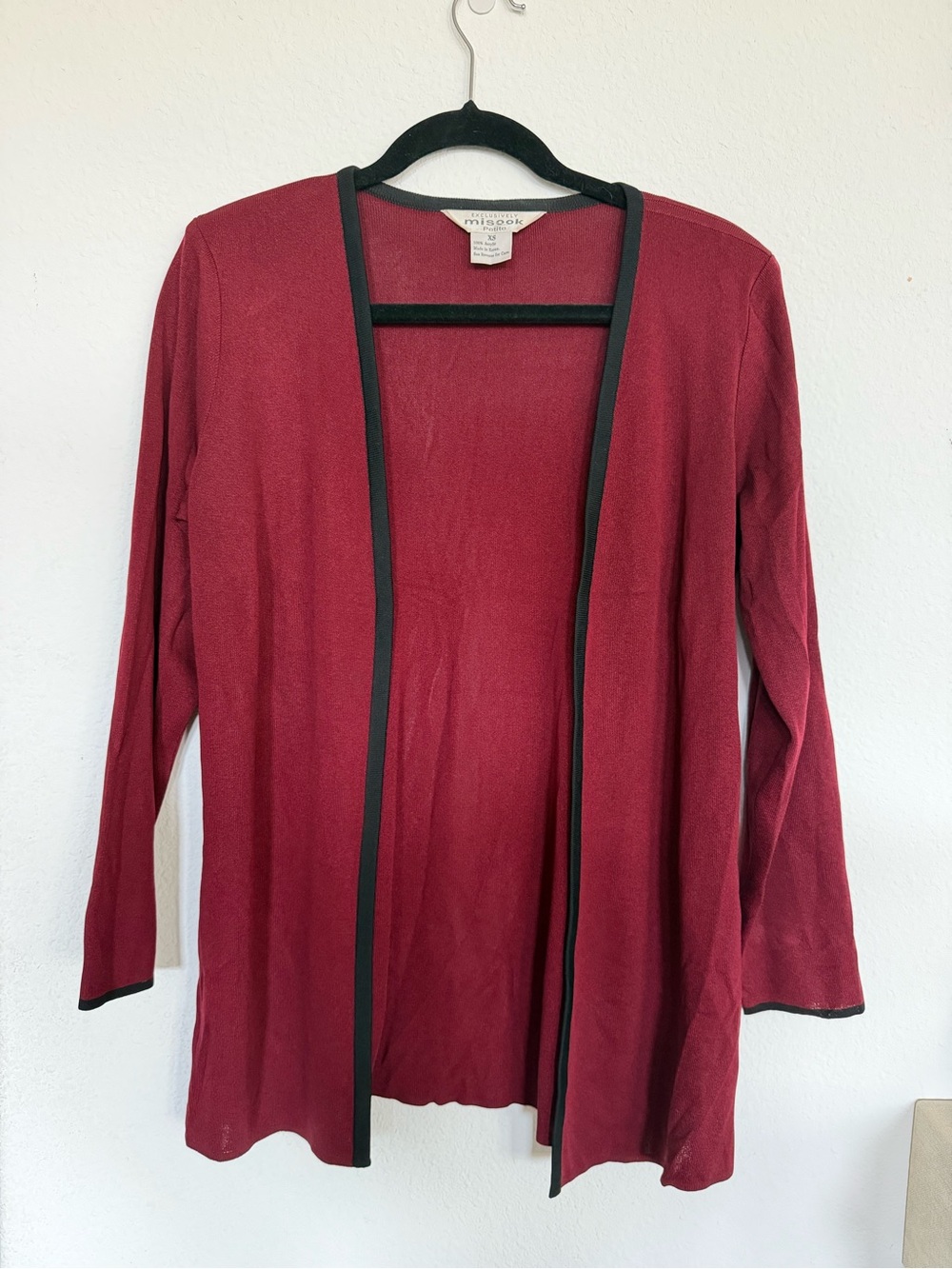 Misook Petite Red burgundy Black Trim Open Front Cardigan Size XS